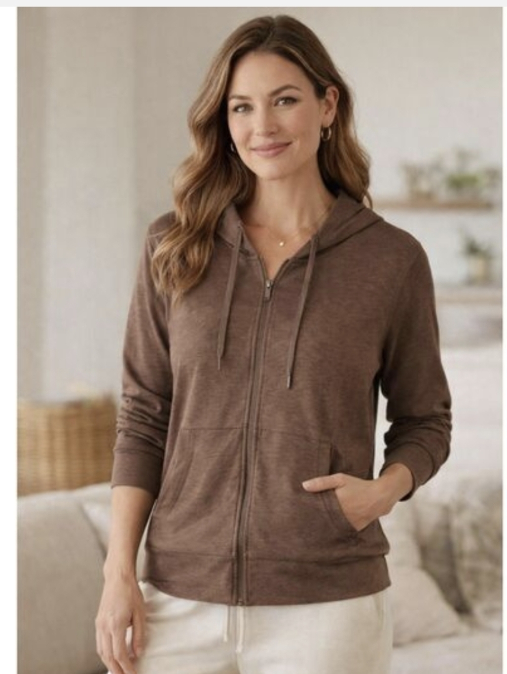 Quince Flowknit Full Zip Brown Hoodie Large